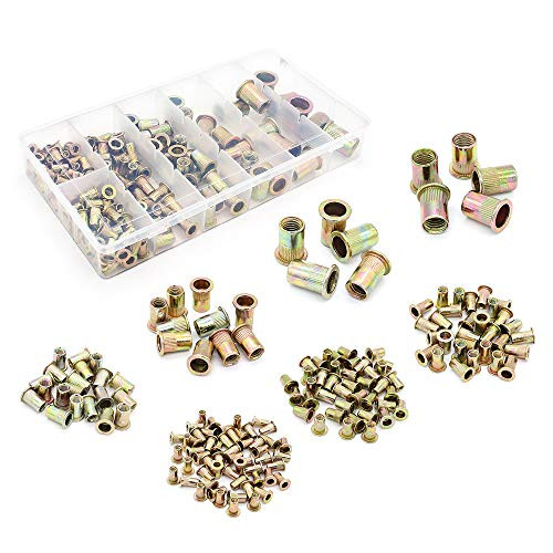 Yuhtech 165PCS Zinc Plated Carbon Steel Rivet Nut Kit, M3 M4 M5 M6 M8 M12 Flat Head Threaded Rivet Nuts, Nut Insert Cap Assortment Kits