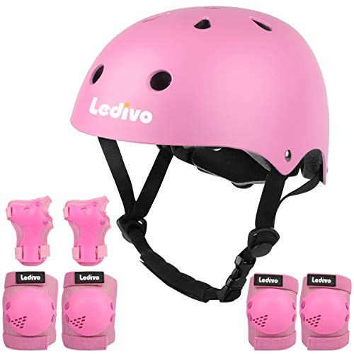 LEDIVO Kids Adjustable Bike Helmet Toddler Helmet for Kids 3-8 Years Girls Boys, Sport Protective Gear Set Knee Elbow Wrist Pads for Roller Skating Skateboard BMX Scooter Cycling (Pink)