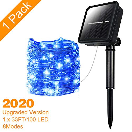 1 Pack Upgraded Solar String Lights Outdoor, 33Ft 100LED 8 Modes Waterproof Decorative Copper Wire String Lights for Patio, Garden, Gate, Yard, Party, Wedding, Christmas (1 Pack Blue)