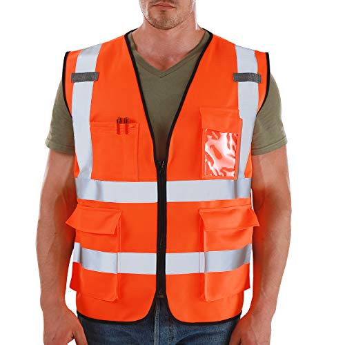 Dib Safety Vest Reflective High Visibility, ANSI Class 2 Vest with Pockets and Zipper, Construction Work Vest Hi Vis Orange M