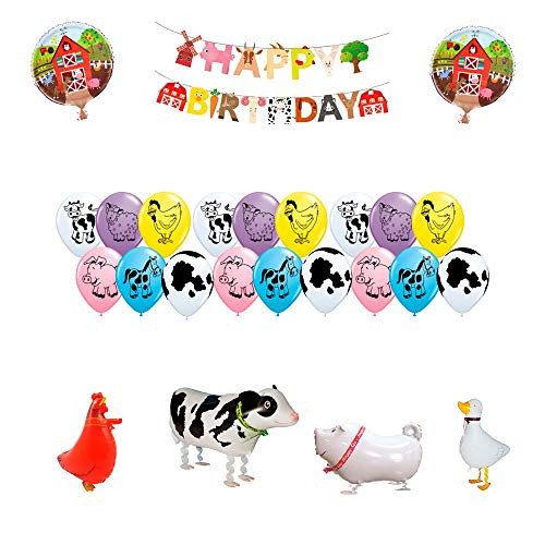 Longfun Farm Animal Party Decorations Barn Farm Animal Banner Walking Animal Balloons Farm Animal Latex Balloons(Sheep, Cow, Sheep, Chicken, Horse,Pig)
