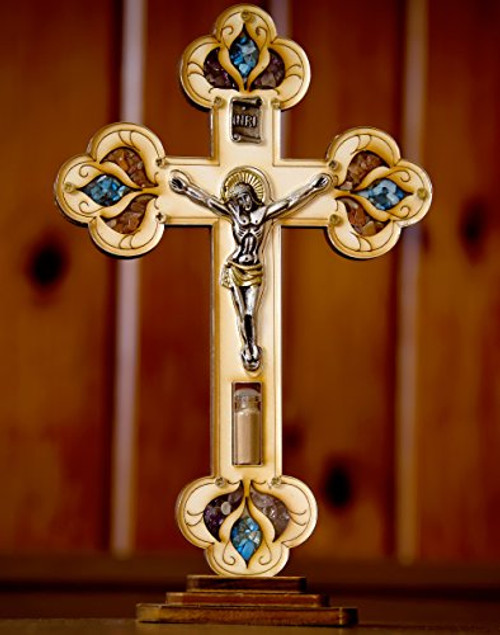 8" Olive Wood Standing Cross Jesus Crucifix Jerusalem Soil Handmade Holy Land Gift Colorful Semi Precious Stones 8" Olive Wood Standing Cross Jesus Crucifix Jerusalem Soil Handmade Holy Land Gift Colorful Semi Precious Stones