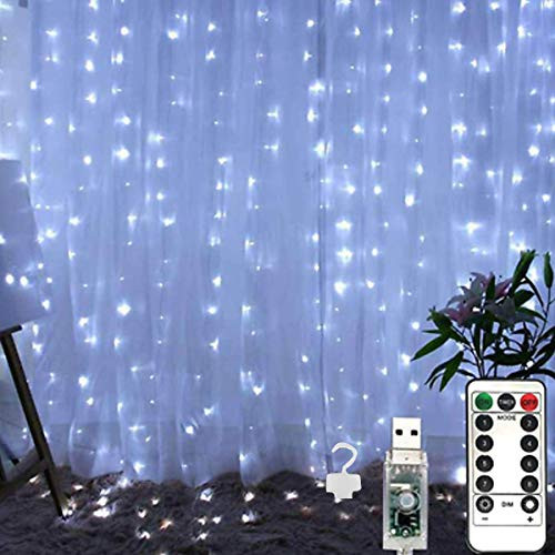 shleyqin Curtain String Lights 300 LED Window Curtain String Light, 9.8Ft Dimmable & Waterproof Window Fairy Lights with 8 Modes Remote Control, Fits for Indoor Wall Christmas Decoration (White)