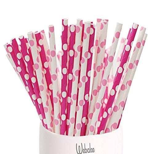 Webake Valentine 150 Bulk Paper Straws Biodegradable Drinking Straw Pink Polka Dot, 7.75" Dots ECO-Friendly Straws for Birthdays,Weddings,Celebrations,Party Decorations Cake Pop Sticks (Pink)