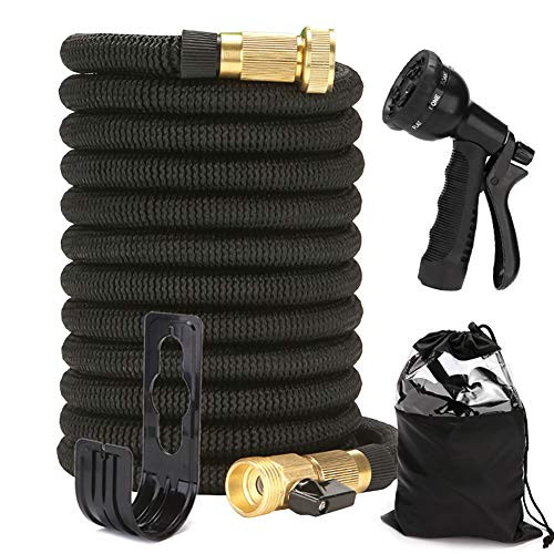 STILLKEEPER 50ft Expandable Garden Hose, with 3/4" Solid Brass Fittings,Extra Strength 3750D Durable Gardening Flexible Hose,Expanding Garden Hoses Spray Nozzle (50FT, Black)