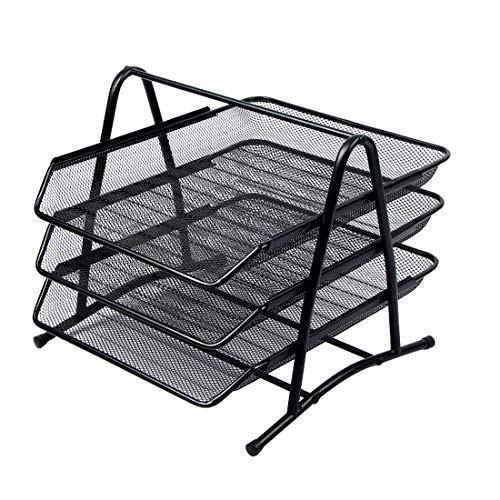 3 Trays Desktop Document Letter Tray Organizer, Metal Mesh Desk Organizers and Accessories Stackable Paper Tray, Organize Files, Folders, Letters, Paper, Binders, Black