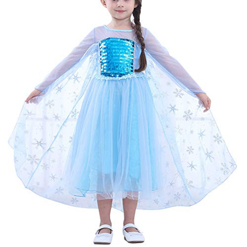 BIBIHOU Girls Elsa Dress with Cloak Blue Snow Queen Princess Dress up with Long Sleeve Halloween Christmas Party Sequin Cosplay Fancy Costume (5T)