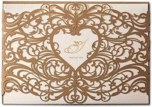 Wishmade 50x Heart Laser Cut Wedding Invitations Kit Gold Elegant Floral Paper Invitation Cards for Marriage Cardstock Engagement Birthday Bridal Shower(Pack of 50pcs)