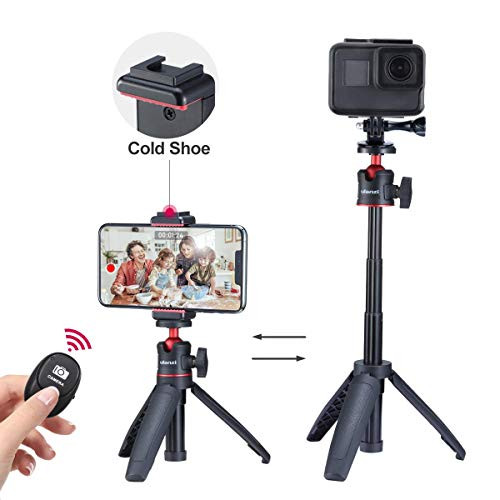 ULANZI Mini Vlog Tripod Set, Extendable Small Selfie Stick Tripod+Phone Tripod Mount Cold Shoe+Remote Controller+Universal Action Cam Mount Compatiblw w iPhone Smartphone Compact Camera Hero 5 6 7 8