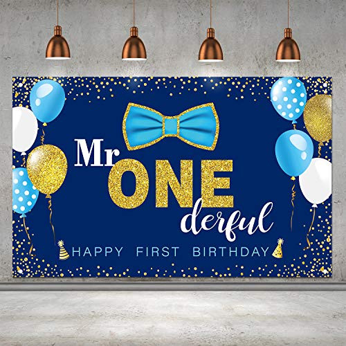 Boys 1st Birthday Mr. Onederful Party Decoration Photography Backdrop Boy Toddler Little Man First Birthday Cake Table Decor Banner (Blue)