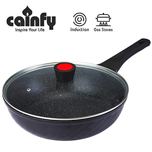 Cainfy 12Inch Wok Pan Nonstick/Stir Fry Pan/Cast Aluminum Deep Skillet Wok with Glass Lid for Induction, Electric & Gas Stoves, Flat Bottom Cookware, PFOA Free Marble Coating, Bakelite Handle Cainfy 12Inch Wok Pan Nonstick/Stir Fry Pan/Cast Aluminum Deep Skillet Wok with Glass Lid for Induction, Electric & Gas Stoves, Flat Bottom Cookware, PFOA Free Marble Coating, Bakelite Handle