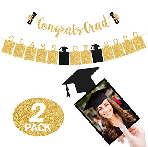 2020 Graduation Decorations - Class of 2020 Photo Banner & Congrats Grad Gold Glitter Banner - High School College Graduation Party Supplies Banner 2 Pack