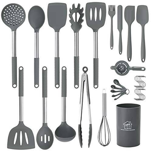 Silicone Kitchen Utensils Set, 31pcs Cooking Utensils Set, Heat Resistant Non-stick Silicone Kitchen Cookware with Stainless Steel Handle BPA-Free Kitchen Cooking Tools Set- Grey