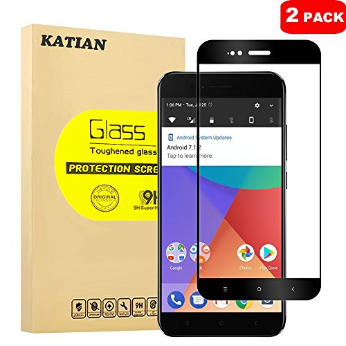 [2 Pack] Xiaomi Mi A1 Screen Protector, KATIAN HD Full Coverage Protector[Anti-Scratch] [Anti-Fingerprint] [No-Bubble] [Case-Friendly], 9H Hardness Tempered Glass Screen Film for Xiaomi Mi A1 [Black]