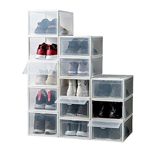 Stackable Shoe Organizer Shoes Box Clear Plastic Womens Mens Shoe Sneakers Storage Box Plastic Foldable Stackable Shoe Storage Container Clear Closet Shelf Shoe Organizer-3 Pack (3 PACKS, WHITE)