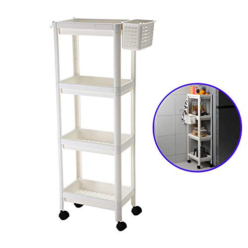 Huaxiangoh 4 Tier Slim Rolling Organizer Storage Cart Rolling Laundry Cart Bathroom Shelves Organizer, Gap Storage Slim Slide Out Pantry Storage Rack for Kitchen Bathroom Laundry Narrow Places