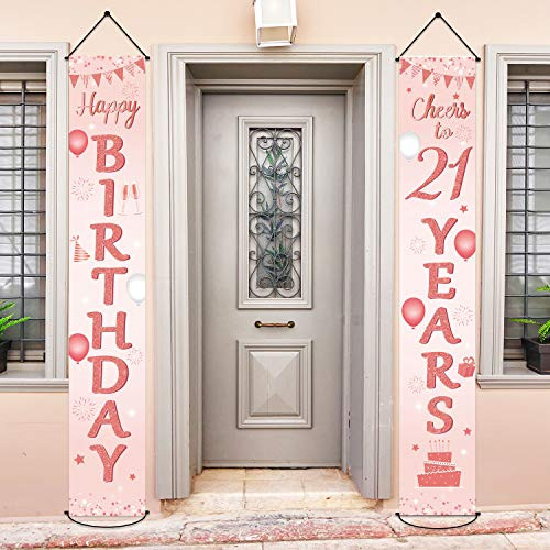 Happy 21th Birthday Party Banner Decorations 21 Years Old Birthday Party Supplies Fabric Welcome Porch Sign for Indoor Outdoor (Rose Gold)
