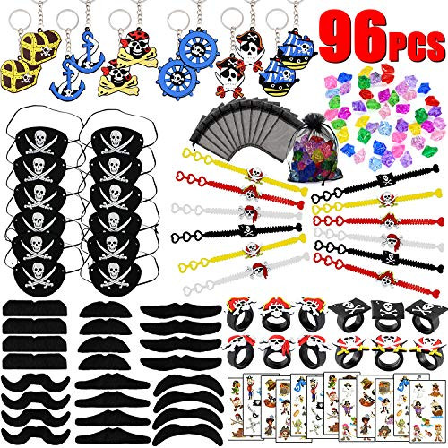 96 PCs Pirate Party Supplies Favors Pirate Keychain Rings Bracelets Pirate Eye Patch Mustache Tattoos Stickers Pirate Party Favors Decoration