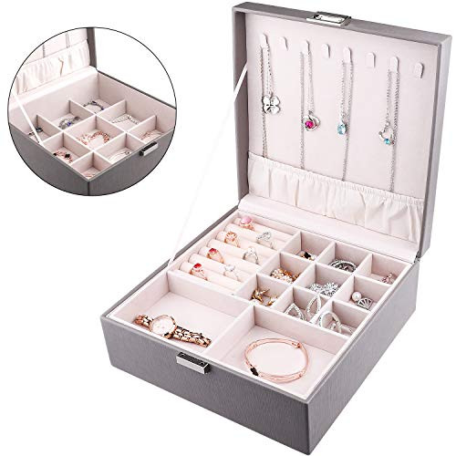 RIRO Jewelry Box with 2 Layers PU Leather Lockable Jewelry Storage Organizer with Velvet Lining Portable Leather Jewelry Box for Storing Watch, Earring, Ring, Chain, Bracelet (Grey) RIRO Jewelry Box with 2 Layers PU Leather Lockable Jewelry Storage Organizer with Velvet Lining Portable Leather Jewelry Box for Storing Watch, Earring, Ring, Chain, Bracelet (Grey)