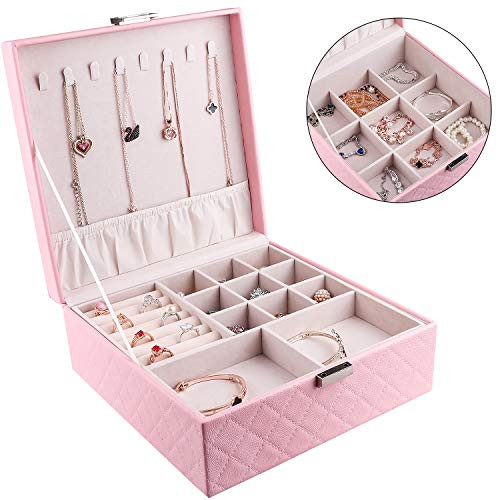 RIRO Jewelry Box with 2 Layers PU Leather Lockable Jewelry Storage Organizer with Velvet Lining Portable Leather Jewelry Box for Storing Watch, Earring, Ring, Chain, Bracelet (Pink) RIRO Jewelry Box with 2 Layers PU Leather Lockable Jewelry Storage Organizer with Velvet Lining Portable Leather Jewelry Box for Storing Watch, Earring, Ring, Chain, Bracelet (Pink)