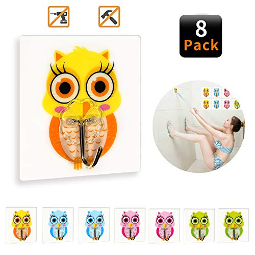 Wall Hooks 15lb(Max) Cute Owl Reusable Seamless Hooks,Nail Free Sticky Hangers with Stainless Hooks,Waterproof and Oilproof,Bathroom Kitchen Heavy-Duty Self Adhesive Hooks(8 Packs)