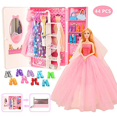 BM Doll Closet Wardrobe for 11.5 Inch Girl Doll Clothes and Accessories Storage - Lot 44 Items Including Handbag Style Closet, Dresses, Swimsuits, Shoes, Hangers, Crown and Necklaces