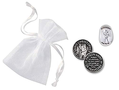 ~ Saint Christopher Thumb Stone & Pewter Pocket Token Coin with Organza Pouch~ Patron Saint of Travelers - Inspirational Worry Stone Gift - Keepsake - Courage Strength Guidance