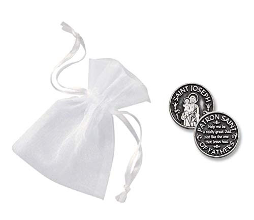 ~ Saint Joseph ~ Pewter Pocket Token Coin with Organza Pouch ~ Patron Saint of Fathers - Inspirational Worry Stone Gift - Keepsake - Courage Strength Guidance