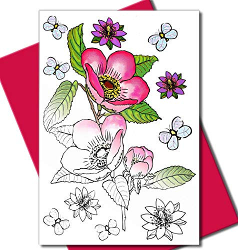 Art Eclect Adult Coloring Flower Greeting Cards for Birthdays, Anniversary, Thank You and Sympathy Cards (10 Cards With 10 Different Unique Designs and 10 Fuchsia Envelopes, Set Flowers B/Pink
