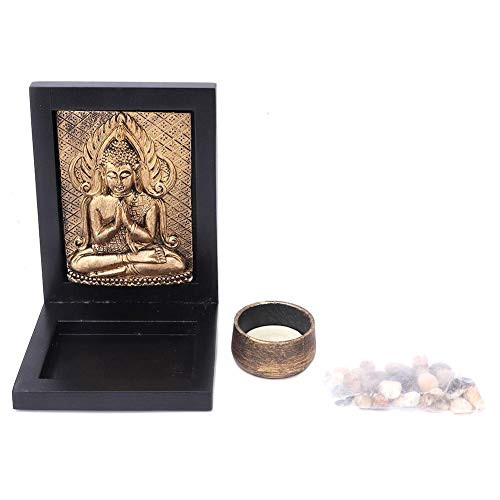Pssopp Tabletop Zen Garden Wooden Buddha Candle Holder Mini Zen Sand Rocks Candle Holder Resin Buddha Ornament with Candlestick and Stone