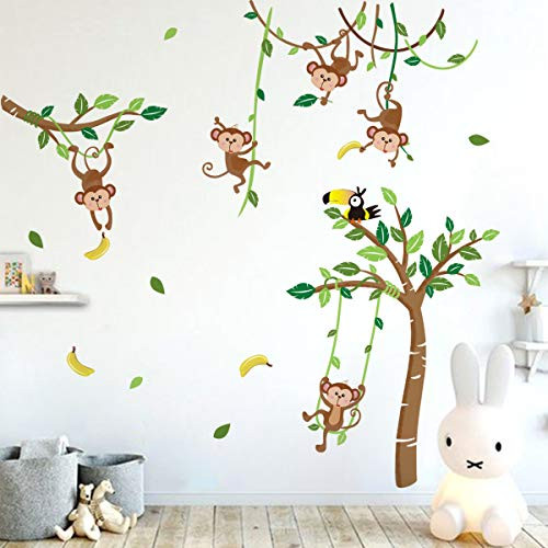 Runtoo Monkey and Tree Wall Decals Animals Jungle Wall Stickers TV Wall Décor for Baby Nursery Kids Bedroom