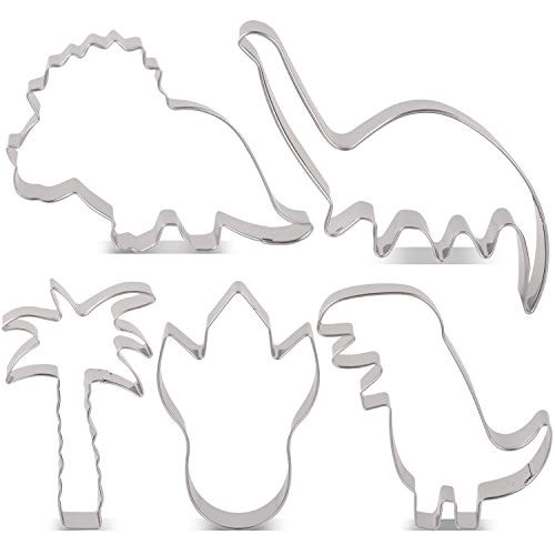 LILIAO Dinosaur Cookie Cutter Set for Kids - T-Rex, Brontosaurus, Triceratops, Dinosaur Foot and Palm Tree Fondant Biscuit Cutters - Stainless Steel