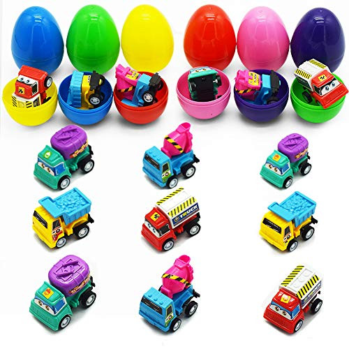 Nyicey 9 Pack Fillable Plastic Easter Egg with Mini Pull Back Trucks Vehicles for Easter Theme Party, Favor Easter Eggs Hunt, Basket Stuffers Fillers, Classroom Prize