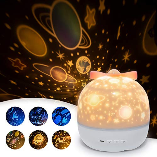 Projector Lamp for Kids,Nursery Night Light Children with Romantic 360 ° Rotating Degrees, 6 Modes Rechargeable Projector Films Light for Baby Nursery,Bedroom Decor,Best Gifts,Birthday