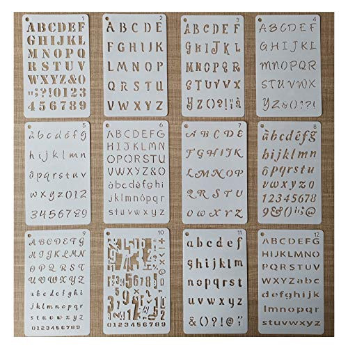 ONEST 12 Pack Letter and Number Stencils Alphabet Stencil Journal/Notebook/Diary/Scrapbook DIY Drawing Template Stencil, 4x7 Inch