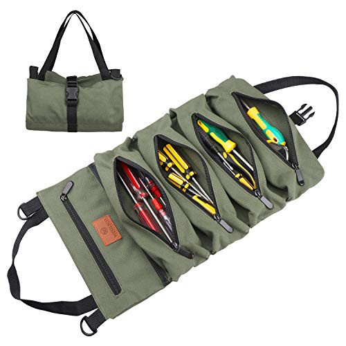 Wessleco Roll Up Tool Bag, Wrench Roll Up Pouch Multi-Purpose Canvas Tool Rool Organizer (Green)