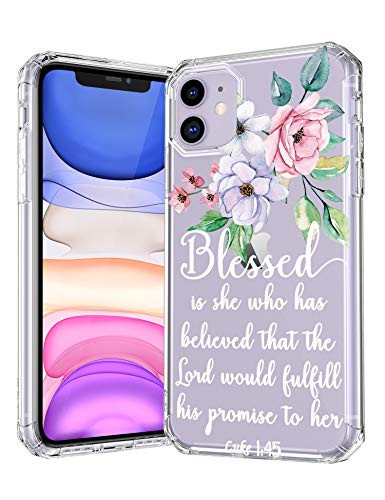 iPhone 11 Case,Stunning Flowers Floral with Holy Bible Verses Inspirational Christian Quotes Luke 1:45 Clear Back TPU Protective Case for iPhone 11