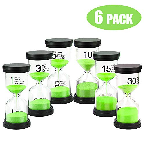 Happycat Sand Timer,6 Pieces Hourglass Sandglass Timer 1min / 3mins / 5mins / 10mins / 15mins / 30mins for Games Classroom Home Office (green)