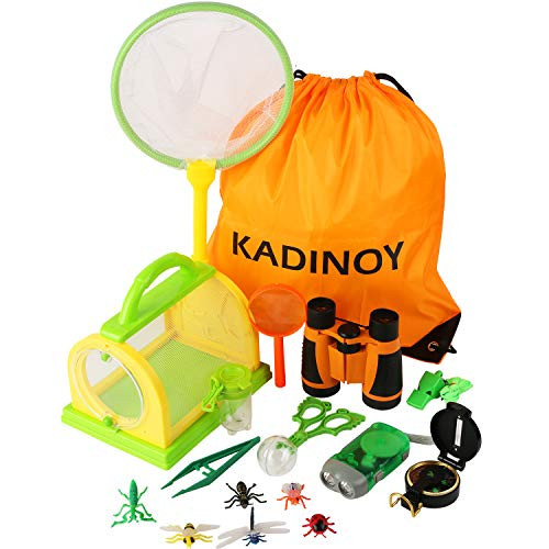 KADINOY Bug Catcher Kit Kids Outdoor Explorer Kit Secience Toys Gifts for Boys Girls Age 4-12 Year Old with Binoculars, Flashlight, Compass, Magnifying Glass,Butterfly Net