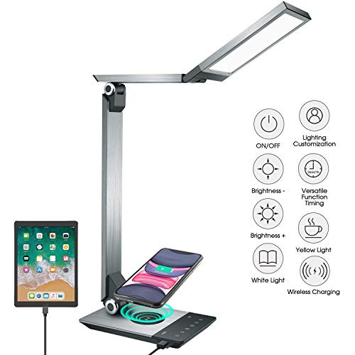 LED Desk Lamp, Eye-Caring Stepless Dimming Office Lamps with Fast Wireless Charger, Desk Lamp with USB Charging Port, Touch Control Reading Lamp, Light Memory Function, Holder Foldable, Silver