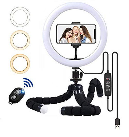 10" Selfie Ring Light for Live Stream/Makeup/TikTok/YouTube Video Dimmable Ringlight with Flexible Tripod Stand and with Wireless Remote Shutter Phone Holder LED Circle Lights (10")