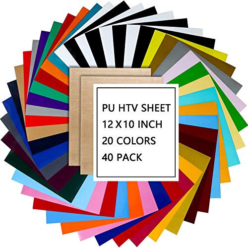 XZH Heat Transfer Vinyl HTV Bundle 10"x12" - 20 Assorted Colors HTV Vinyl, Iron On Vinyl for Cricut & Silhouette Cameo, Bonus Teflon for Heat Press Machine (40 Packs)