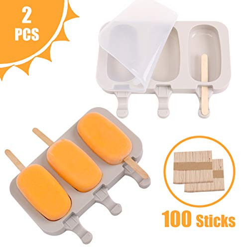 TOTEDELL Silicone Popsicle Molds for Kids BPA-Free, DIY Ice Pop Molds with Lids Packs of 2, 3 Cavities Ice Cream Popsicle Maker Easy Release, with 100 Popsicle Sticks (GRAY)