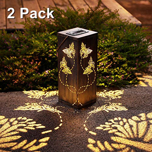Solar Lantern Lights Outdoor Butterfly Garden Decor with Ground Stake, Metal Hanging Solar Lanterns Waterproof Outside Lights for Lawn Patio Pathway Landscape Courtyard, 2 Pack