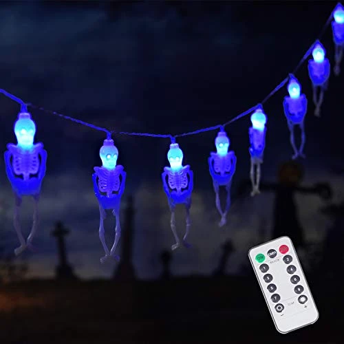 15 LED Halloween Skull String Lights, 8 Modes Fairy Lights with Remote, Battery Operated Halloween Lights, for Outdoor Indoor Party Patio Halloween Decoration (Blue)