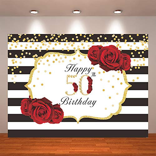 Crefelicid 7x5ft 50th Birthday Backdrop Red and Black Flowers 50 Birthday Photography Background Adults Women Bday Cake Table for Party Decorations Favors