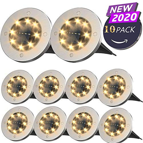 Solar Ground Lights?Disk Lights Solar Powered - 8 LED ?Outdoor in-ground Solar Lights for Landscape?Walkway?Lawn ?Steps Decks?Pathway Yard Stairs Fences?Waterproof( Warm White)-10 Pack