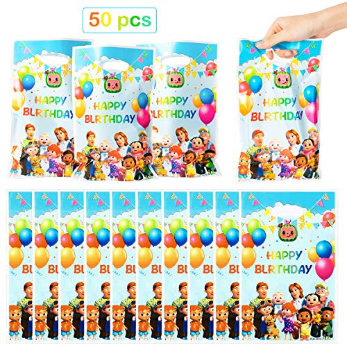 HAOORYX Cocomelon Party Favor Bags, 50pcs Plastic Gift Bag Goodies Candy Treat Bags for Kids Cute Cocomelon Theme Birthday Party Supplies, Children Rewards and Baby Shower Birthday Decoration Pack