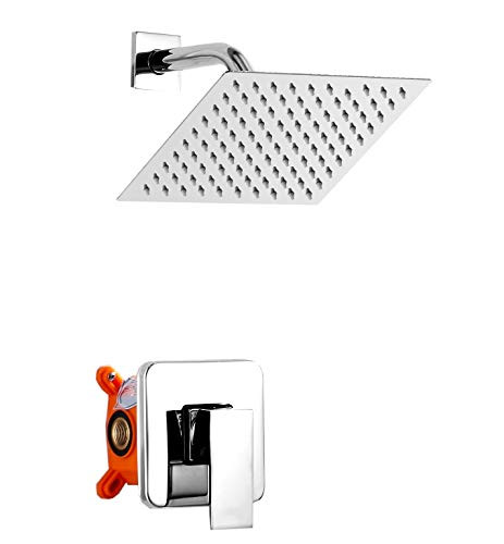 GGStudy Single Function Shower Trim Kit with Rough-in Valve Shower Set Bath Rainfall Shower Faucet System 8inch Square Stainless Steel Metal Shower Head Chrome