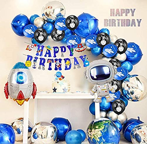 LaVenty Set of 41 Space Birthday Party Decoration Astronaut Balloons supplies Outer Space Birthday Solar System Party Banner Galaxy Theme To the Moon Party Rocket Blue
